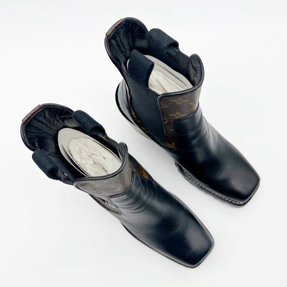 LOUIS VUITTON Limitless Chelsea Boot Size 37 US 7 Black Calfskin Monogram Heel - Picture 5 of 12